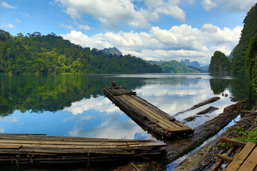 Fototapeta na wymiar Bamboo rafts on Cheow Lan lake, Thailand