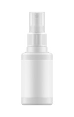 Vector 3d realistic bottle with sprayer. Mock-up white plastic packaging for medical spray. Blank template of container for liquid. Packaging of aerosol isolated on background.