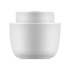 Vector blank template. Empty and clean jar with cap for cosmetic cream. 3d white plastic container for care face or gel for beauty skin. Mock-up of package.