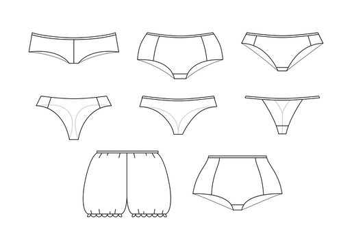 Fashion female underwear icons. Feminine lacy panties. Sexy lingerie with lace for lady, different classic models of briefs - bikini, tanga, thong, string. Thin line vector underpants illustrations.