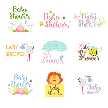 Baby shower badge vector set.