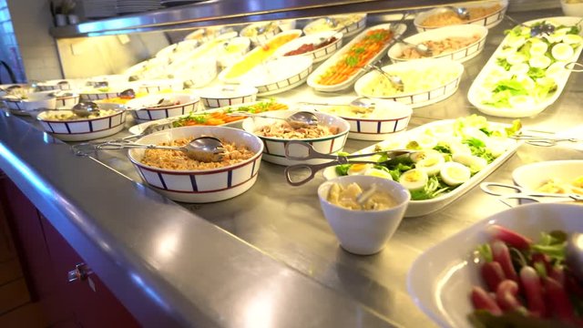 Closeup of delicatessen food set on restaurant buffet