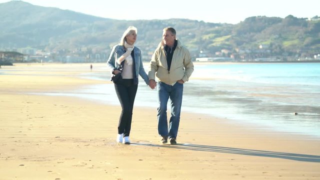 Senior couple walking on a sandy beach in winter