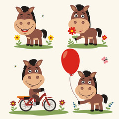 Vector set funny horse plays on meadow. Collection isolated horse on bicycle, with balloon and flower in cartoon style. - 135529207