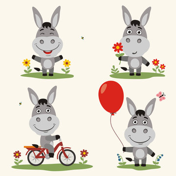 Vector set funny donkey plays on meadow. Collection isolated  on bicycle, with balloon and flower in cartoon style.