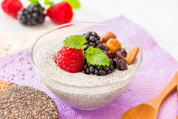 Chia Samen Pudding zubereitet mit Soja Milch (Salvia hispanica)