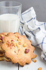 cookies with peanuts, milk on a gray background