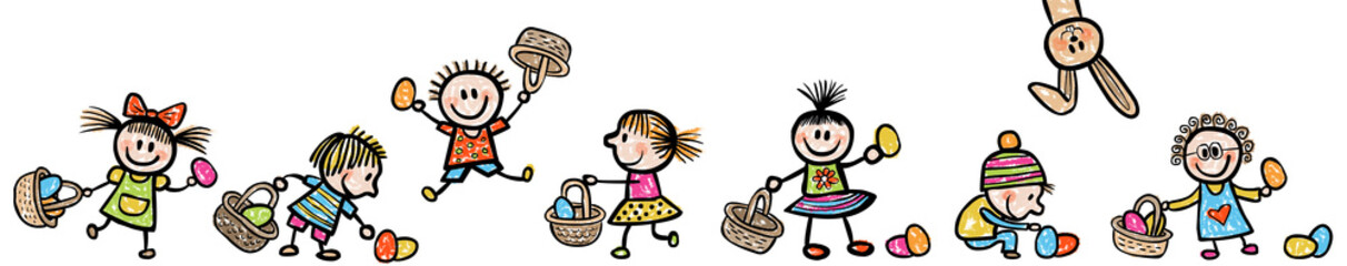 Fototapeta premium Set: Kinder bei der Ostereiersuche / handgezeichnet, farbig, Vektor