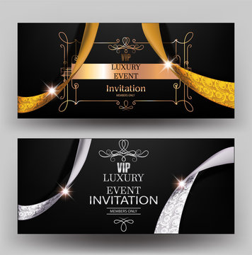Luxury event invitation cards with vintage frame and gold textured curly ribbon. Vector illustration