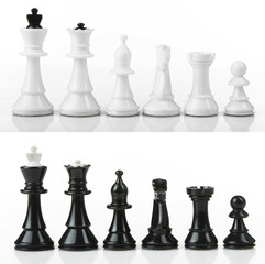 Chess pieces lined up in a row on a white background isolated.Collage