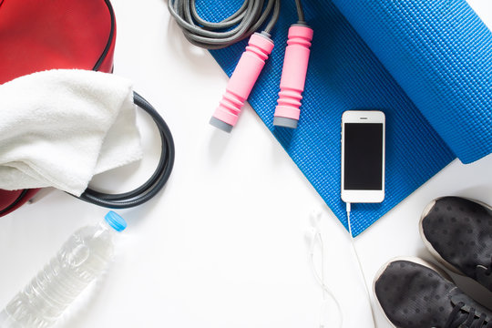 Overhead View Of Sport Equipment, Jumping Rope, Bottle Of Water