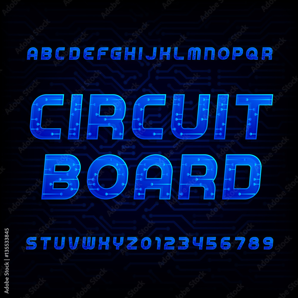 Poster circuit board font. vector alphabet. digital hi-tech style letters and numbers. dark high-tech backg