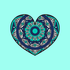 Drawing of a heart in blue, turquoise and silver colors, with floral ethnic round ornament on a turquoise background