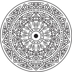 Drawing of a abstract vector with floral round lace mandala, decorative element in ethnic tribal style, black line art on a white background