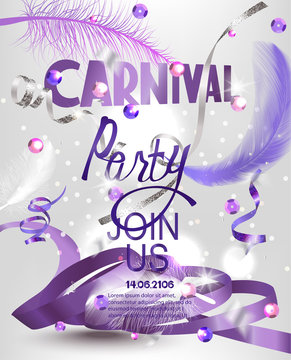 Carnival party background with falling feathers, serpentine and sequins. Vector illustration