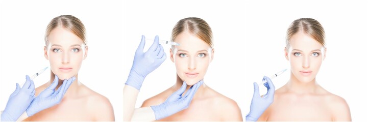 Doctor injecting in a beautiful face of a young woman. Plastic surgery concept isolated on white. Set collage.