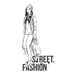 Stylish girl in coat, jeans and sneakers. Street fashion. Vector illustration.