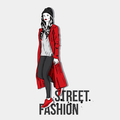 Stylish girl in coat, jeans and sneakers. Street fashion. Vector illustration.