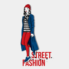 Stylish girl in coat, jeans and sneakers. Street fashion. Vector illustration.