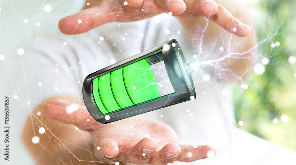 Aufkleber man holding 3d render battery with lightning in his hand