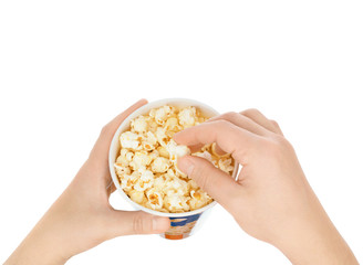 Eating popcorn on a white background