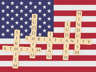 Religion Diversity In The USA Concept: Letter Tiles Creating The Words Christianity, Islam, Judaism, Buddhism, Hinduism, Sikhism, Atheism with US flag, 3d illustration