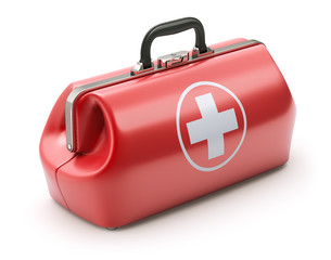 First aid kit in retro red doctor's bag