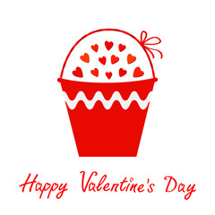 Red heart set Bucket with handle bow. Gift object. Flower pot. Happy Valentines day card Flat design. Isolated. White background.
