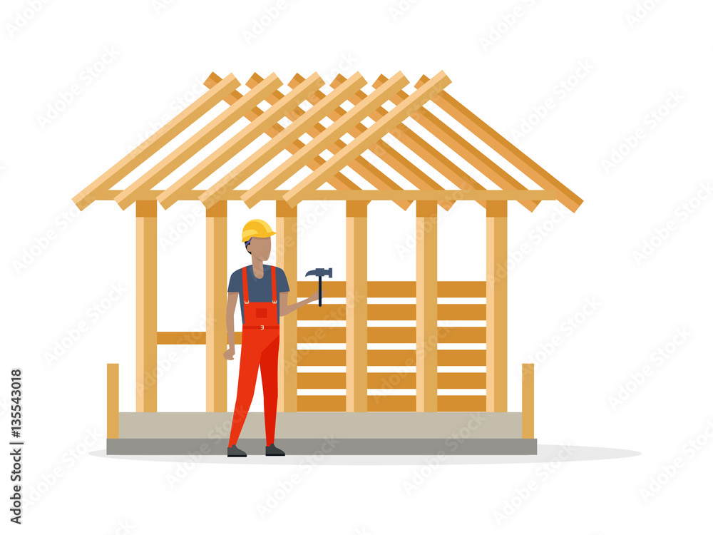 Poster builder in helmet and robe near constructing house