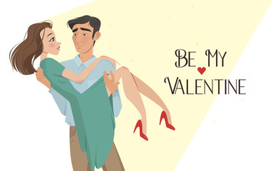 Man holds girl in his arms. Lovers. Valentine's Day. Cartoon style. Boy and girl. Date. A declaration of love. offer to go get married. romance. feelings, a pair of lovers - 135543098
