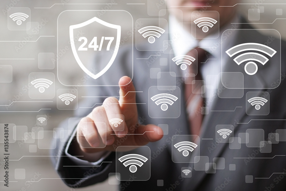 Poster social network wifi business button 24 hours service shield security virus wi fi icon