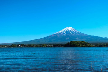 Fuji mountain and Kawaguchiko lake with blue sky, Japan