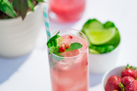 Berry Lemonade with Ice and Mint in a Glass