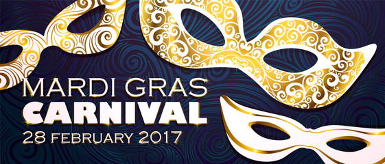 Realistic carnival mask in gold for Mardi Gras invitation flyers, web banner, separated editable elements under mask. Vector illustration,colorful background. Mardi Gras Carnival 28 february 2017