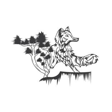 hand drawn fox with tress, abstract concept, highly detailed bw, vector