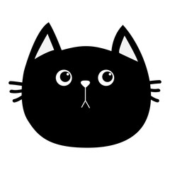 Black cat head icon. Cute funny cartoon character. Sad emotion. Kitty Whisker Baby pet collection. White background. Isolated. Flat design.