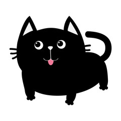 Black cat icon. Cute funny cartoon smiling character. Kawaii animal. Big tail, whisker, tongue, eyes. Happy emotion. Kitty kitten Baby pet collection. White background. Isolated. Flat design.