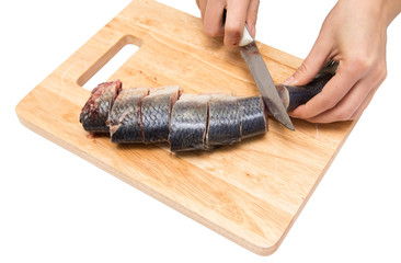 preparation of herring on a board on a white background