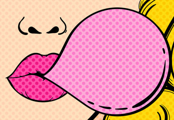 Close-up of a woman's face with pink lips and gum bubble. Vector illustration - obrazy, fototapety, plakaty