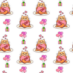 Fat cat holding heart-shaped box seamless pattern. Valentine's day vector design