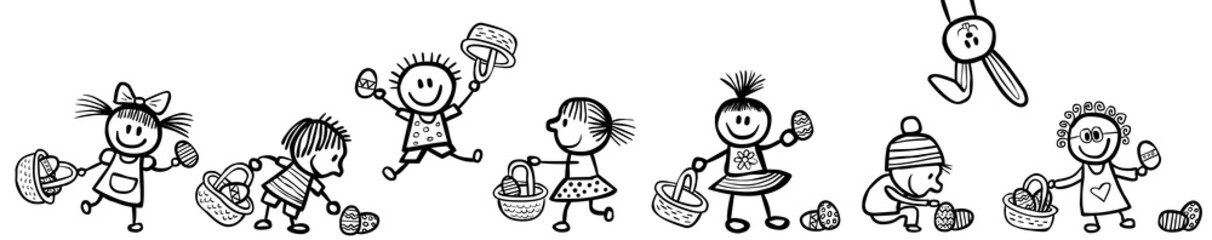 Set: Kinder sammeln Ostereier / handgezeichnet, schwarz-weiß, Vektor