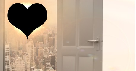 Open door to cityscape with black heart shape