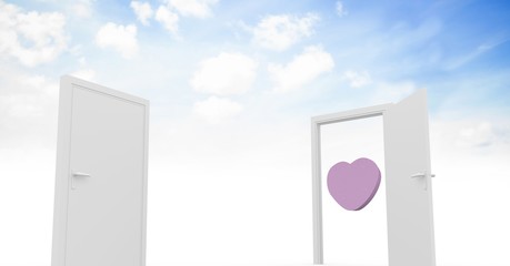 Open door to sky with purple heart shape