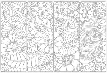 Vector set of monochrome bookmarks and doodle flowers for coloring