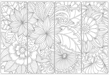 Vector set of monochrome bookmarks and doodle flowers for coloring