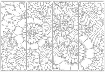Vector set of monochrome bookmarks and doodle flowers for coloring