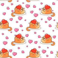 Fat cat playing with heart seamless pattern. Valentine's day vector design