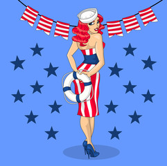 American Pin up girl illustration with sailor hat and 4th of July elements