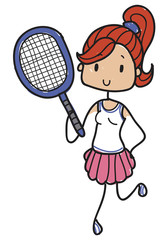 Doodle style girl playing tennis with skirt and tennis racket