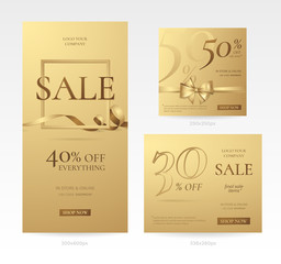 Vector set of stylish golden sale banners of different sizes with bow, frame and ribbon. Template for discount offers and promotion design on the website. Isolated from the background.